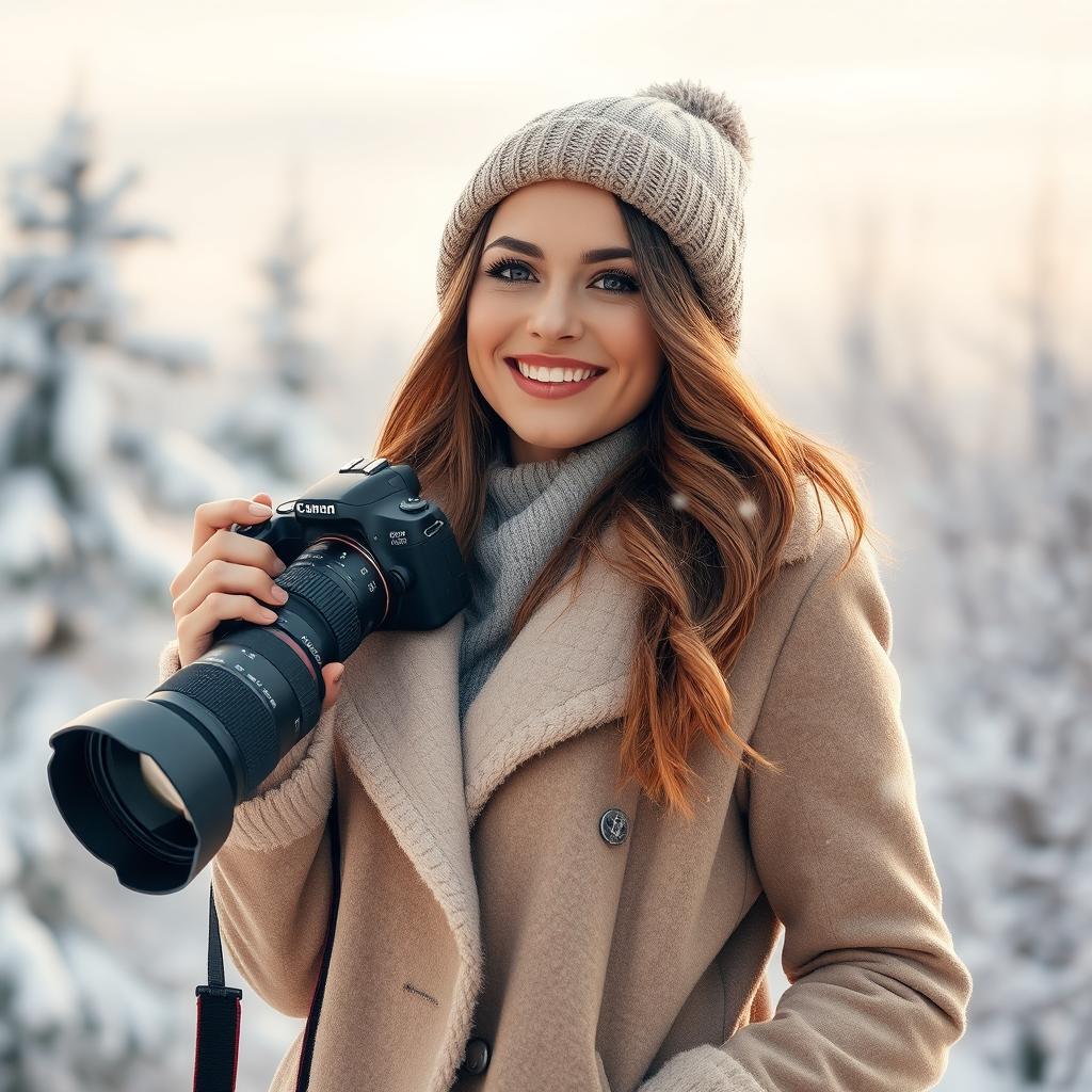 A stunning woman standing outdoors with a DSLR camera in hand, surrounded by a picturesque snowy landscape, with softly falling snowflakes