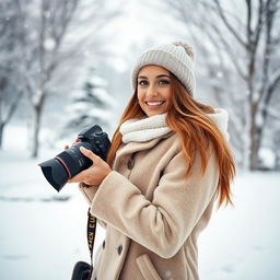 A stunning woman standing outdoors with a DSLR camera in hand, surrounded by a picturesque snowy landscape, with softly falling snowflakes