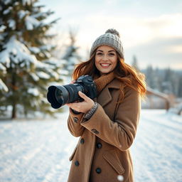 A stunning woman standing outdoors with a DSLR camera in hand, surrounded by a picturesque snowy landscape, with softly falling snowflakes