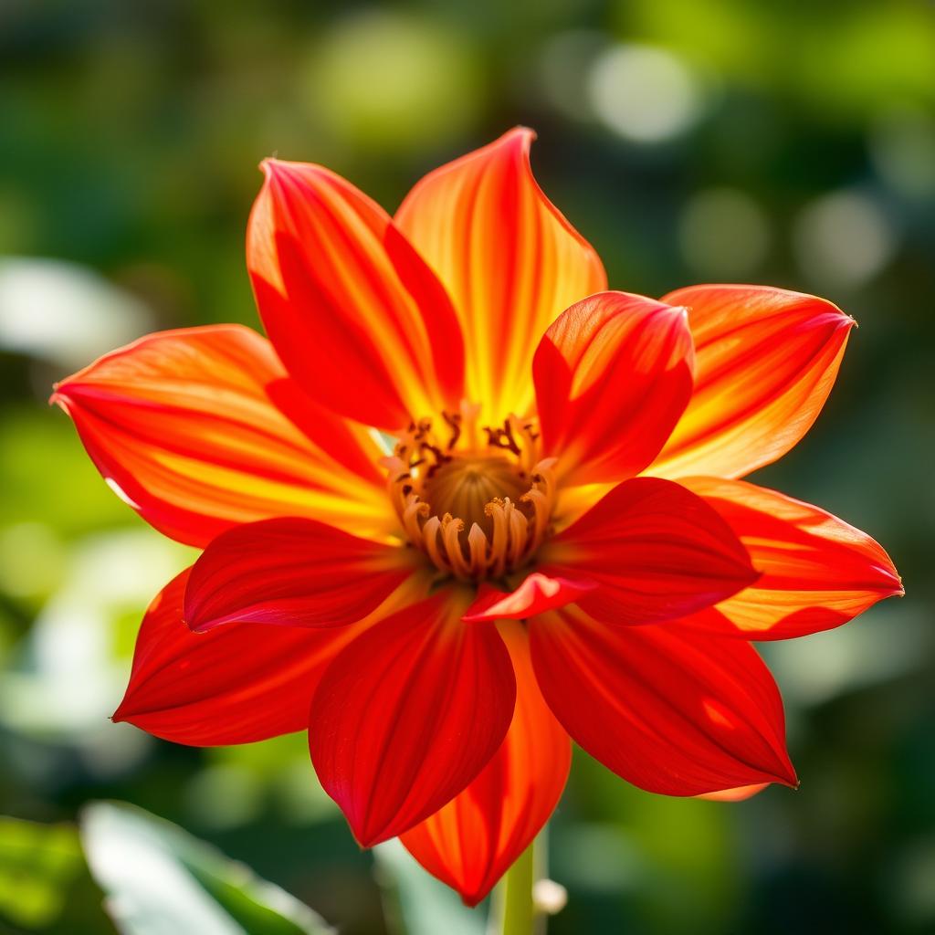 A beautiful and vibrant flower, showcasing its exquisite petals and rich colors, with a soft focus background that enhances the flower's beauty, capturing the intricate details of the petals and the delicate texture, sunlight illuminating the scene, bringing out the vivid hues, and evoking a sense of peace and tranquility