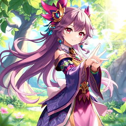 An anime-style depiction of Mavuika from Genshin Impact, showcasing her vibrant and intricate costume with detailed patterns