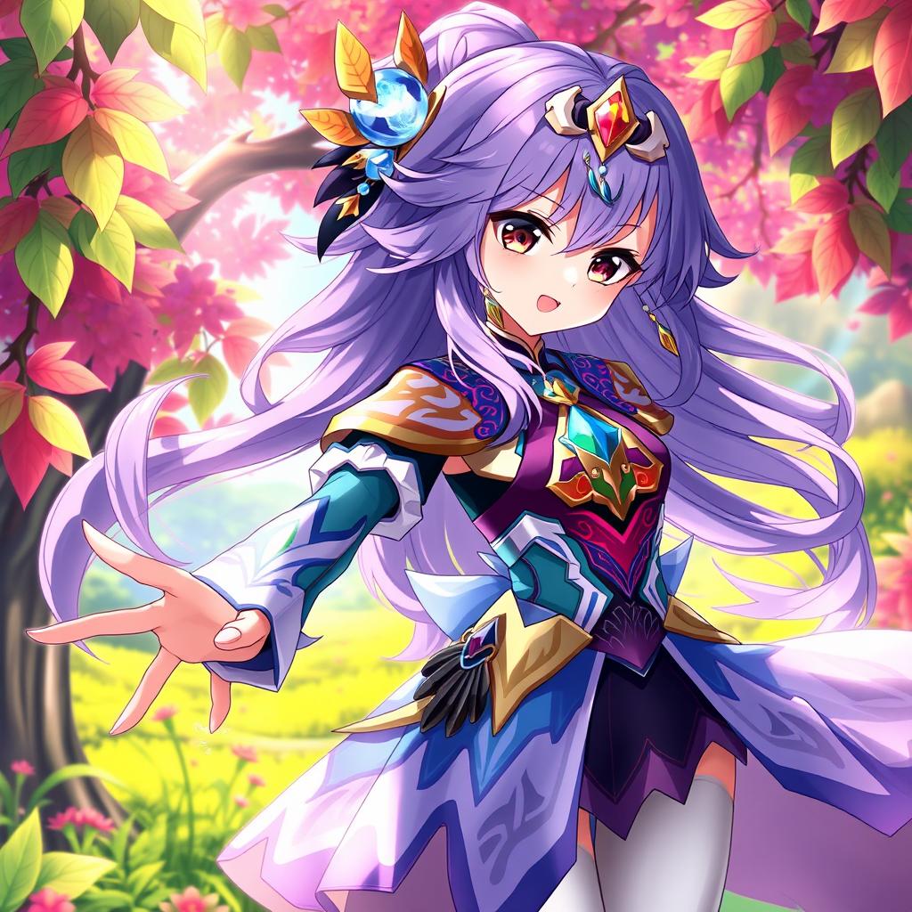 An anime-style depiction of Mavuika from Genshin Impact, showcasing her vibrant and intricate costume with detailed patterns