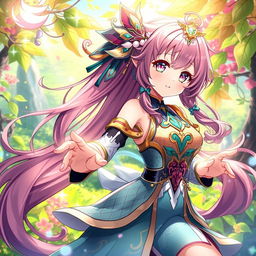 An anime-style depiction of Mavuika from Genshin Impact, showcasing her vibrant and intricate costume with detailed patterns
