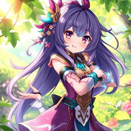 An anime-style depiction of Mavuika from Genshin Impact, showcasing her vibrant and intricate costume with detailed patterns