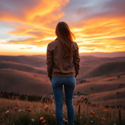A serene landscape at sunset with rolling hills and a vibrant sky painted in hues of orange, pink, and purple