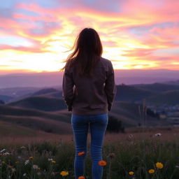 A serene landscape at sunset with rolling hills and a vibrant sky painted in hues of orange, pink, and purple
