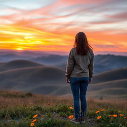 A serene landscape at sunset with rolling hills and a vibrant sky painted in hues of orange, pink, and purple