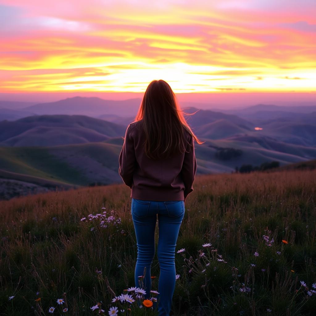 A serene landscape at sunset with rolling hills and a vibrant sky painted in hues of orange, pink, and purple