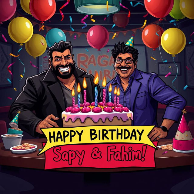 A humorous birthday celebration scene featuring Sagar, a tough-looking gangster with a confident demeanor, and his assistant Fahim, who has a playful personality