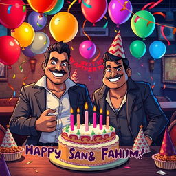 A humorous birthday celebration scene featuring Sagar, a tough-looking gangster with a confident demeanor, and his assistant Fahim, who has a playful personality