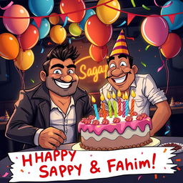 A humorous birthday celebration scene featuring Sagar, a tough-looking gangster with a confident demeanor, and his assistant Fahim, who has a playful personality