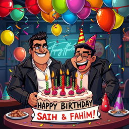 A humorous birthday celebration scene featuring Sagar, a tough-looking gangster with a confident demeanor, and his assistant Fahim, who has a playful personality