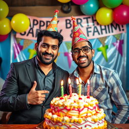 A realistic and humorous birthday celebration featuring Sagar, a serious-looking gangster with a charming smile, and his assistant Fahim, who has a comical expression