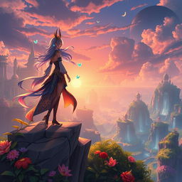 A stunning fantasy landscape inspired by Genshin Impact, featuring a character named Mavuika, who has vibrant hair and intricate attire resembling the game's art style