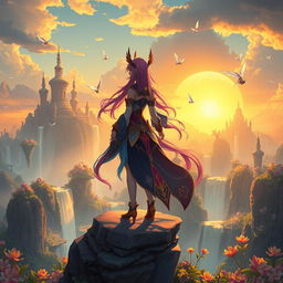 A stunning fantasy landscape inspired by Genshin Impact, featuring a character named Mavuika, who has vibrant hair and intricate attire resembling the game's art style