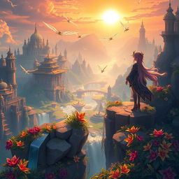 A stunning fantasy landscape inspired by Genshin Impact, featuring a character named Mavuika, who has vibrant hair and intricate attire resembling the game's art style