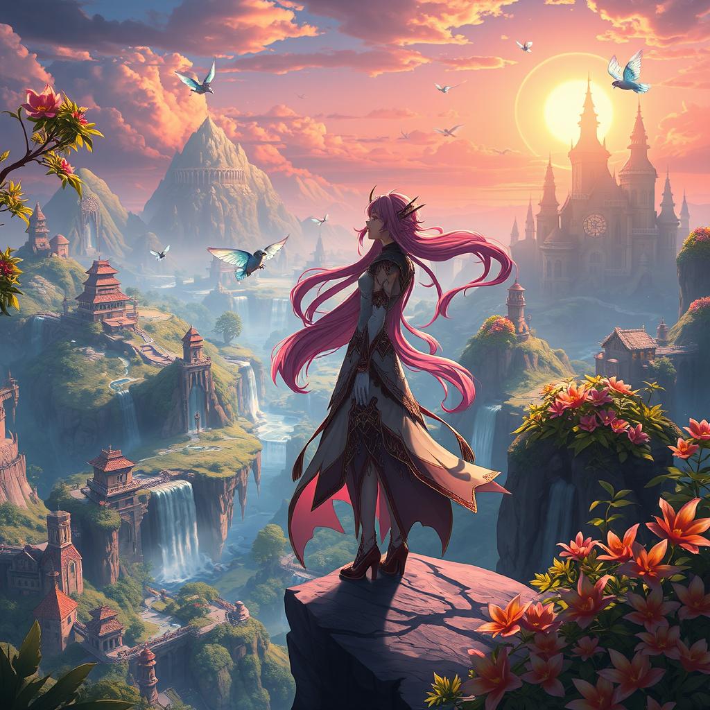 A stunning fantasy landscape inspired by Genshin Impact, featuring a character named Mavuika, who has vibrant hair and intricate attire resembling the game's art style