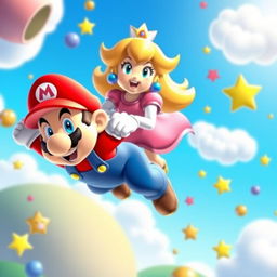 A whimsical scene featuring Mario and Princess Peach, both with joyful expressions, appearing as if they are floating or flying high in the sky