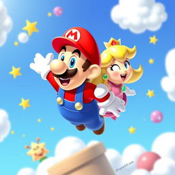 A whimsical scene featuring Mario and Princess Peach, both with joyful expressions, appearing as if they are floating or flying high in the sky