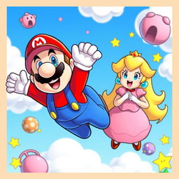 A whimsical scene featuring Mario and Princess Peach, both with joyful expressions, appearing as if they are floating or flying high in the sky