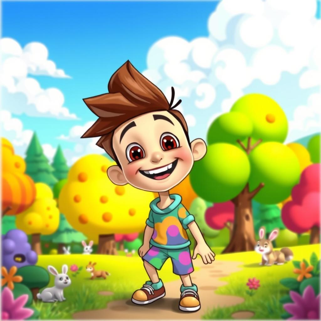 A vibrant animated cartoon scene featuring a whimsical forest landscape filled with colorful trees, cute animals like rabbits and squirrels, and a bright blue sky with fluffy white clouds