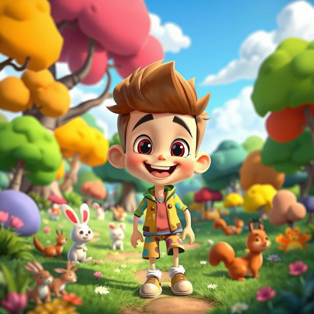 A vibrant animated cartoon scene featuring a whimsical forest landscape filled with colorful trees, cute animals like rabbits and squirrels, and a bright blue sky with fluffy white clouds