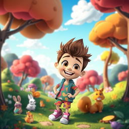 A vibrant animated cartoon scene featuring a whimsical forest landscape filled with colorful trees, cute animals like rabbits and squirrels, and a bright blue sky with fluffy white clouds