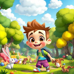 A vibrant animated cartoon scene featuring a whimsical forest landscape filled with colorful trees, cute animals like rabbits and squirrels, and a bright blue sky with fluffy white clouds