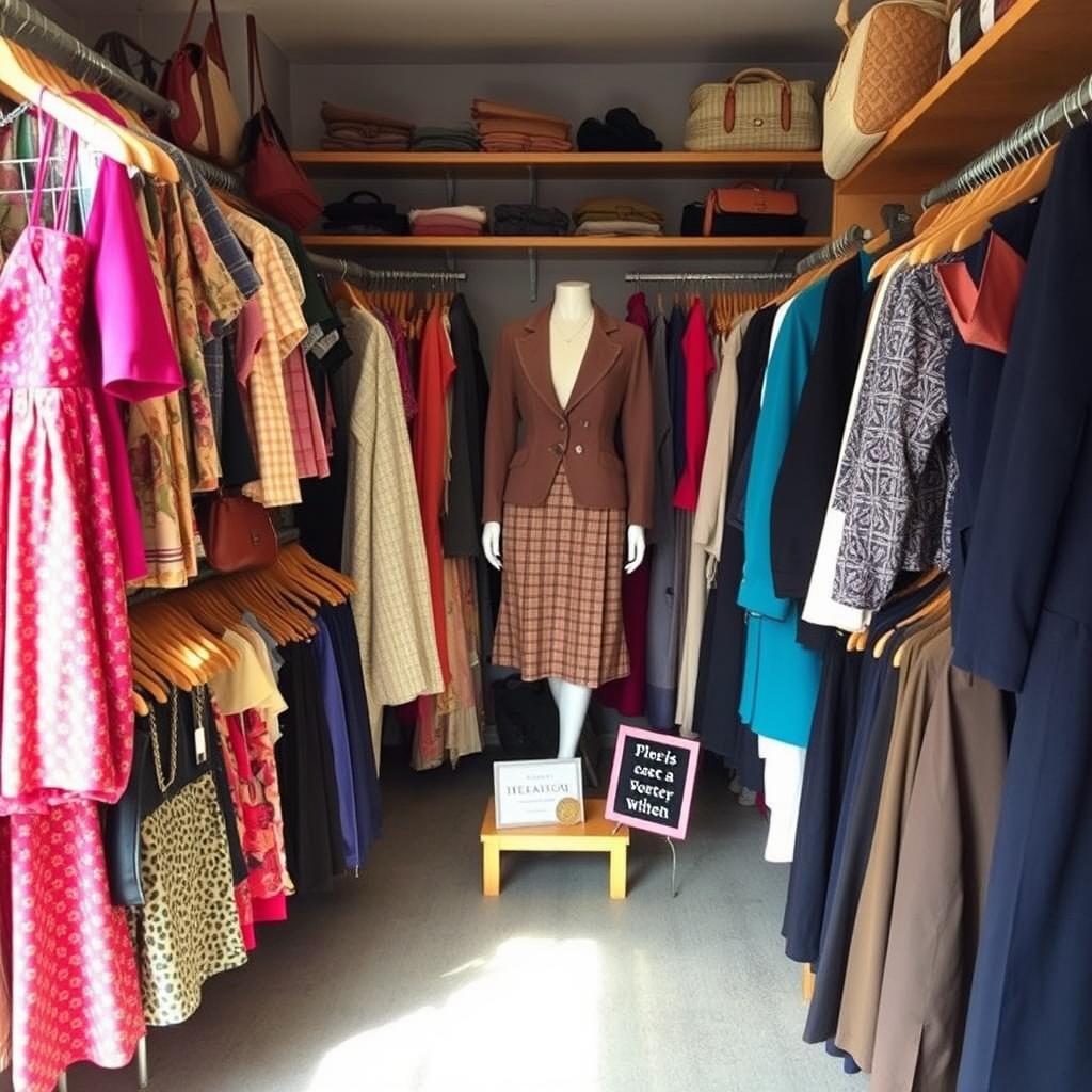 An organized display of used European clothing in an upscale thrift shop, showcasing a variety of styles such as vintage dresses, designer handbags, and classic coats