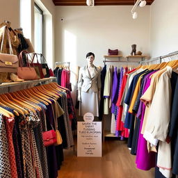 An organized display of used European clothing in an upscale thrift shop, showcasing a variety of styles such as vintage dresses, designer handbags, and classic coats