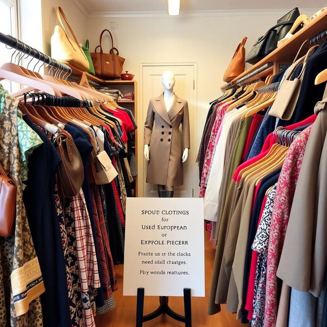 An organized display of used European clothing in an upscale thrift shop, showcasing a variety of styles such as vintage dresses, designer handbags, and classic coats