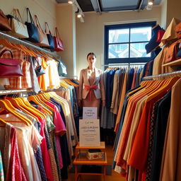 An organized display of used European clothing in an upscale thrift shop, showcasing a variety of styles such as vintage dresses, designer handbags, and classic coats