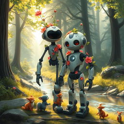 An imaginative depiction of Rozzum, the robot from 'Wild Robot', standing proudly next to her robot partner in a serene forest setting