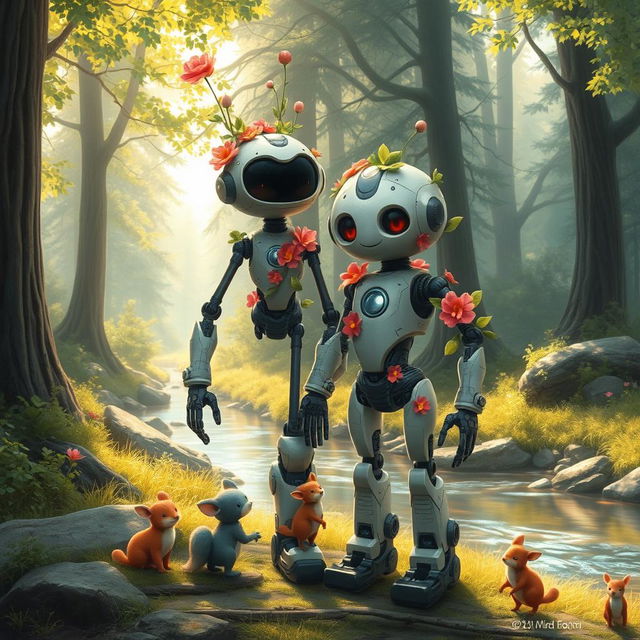 An imaginative depiction of Rozzum, the robot from 'Wild Robot', standing proudly next to her robot partner in a serene forest setting