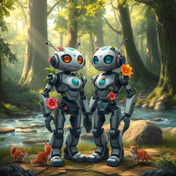 An imaginative depiction of Rozzum, the robot from 'Wild Robot', standing proudly next to her robot partner in a serene forest setting