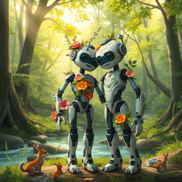 An imaginative depiction of Rozzum, the robot from 'Wild Robot', standing proudly next to her robot partner in a serene forest setting