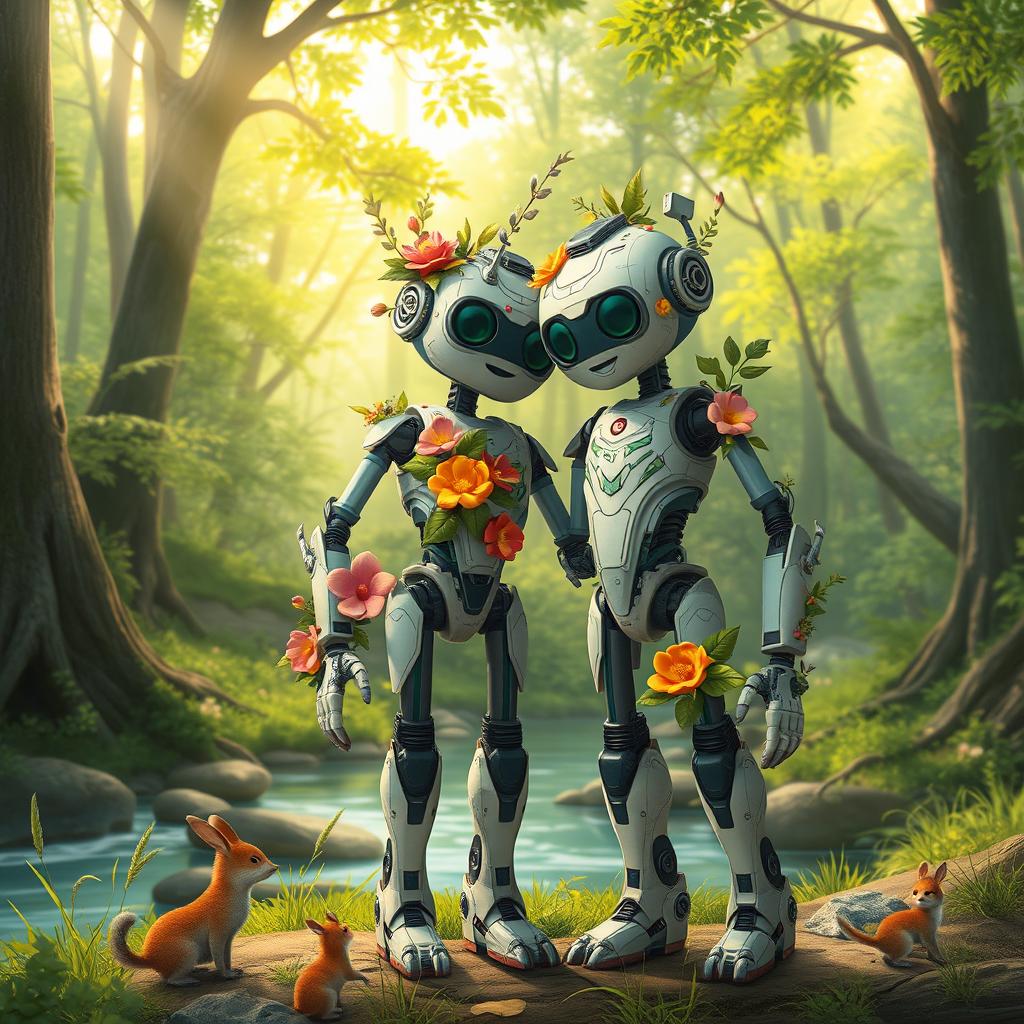 An imaginative depiction of Rozzum, the robot from 'Wild Robot', standing proudly next to her robot partner in a serene forest setting