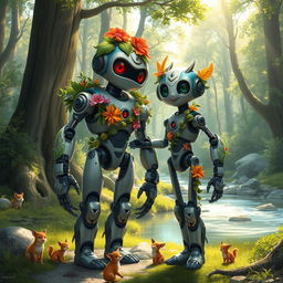 An imaginative depiction of Rozzum, the robot from 'Wild Robot', standing proudly next to her robot partner in a serene forest setting