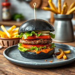 A beautifully plated squid ink burger, featuring a glossy black bun made from squid ink, filled with a juicy grilled beef patty, fresh lettuce, ripe tomatoes, and a slice of creamy mozzarella cheese