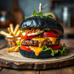 A beautifully plated squid ink burger, featuring a glossy black bun made from squid ink, filled with a juicy grilled beef patty, fresh lettuce, ripe tomatoes, and a slice of creamy mozzarella cheese