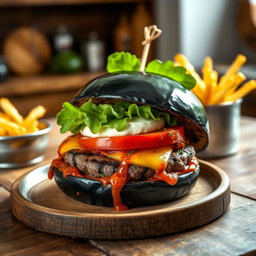 A beautifully plated squid ink burger, featuring a glossy black bun made from squid ink, filled with a juicy grilled beef patty, fresh lettuce, ripe tomatoes, and a slice of creamy mozzarella cheese