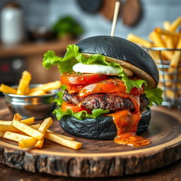 A beautifully plated squid ink burger, featuring a glossy black bun made from squid ink, filled with a juicy grilled beef patty, fresh lettuce, ripe tomatoes, and a slice of creamy mozzarella cheese