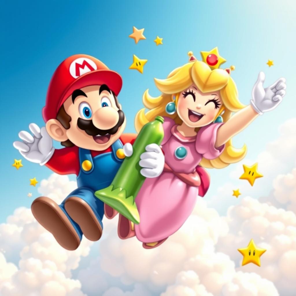 A whimsical and humorous scene featuring Mario and Princess Peach with relaxed and joyful expressions, appearing to soar through the sky