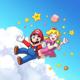 A whimsical and humorous scene featuring Mario and Princess Peach with relaxed and joyful expressions, appearing to soar through the sky