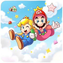 A whimsical and humorous scene featuring Mario and Princess Peach with relaxed and joyful expressions, appearing to soar through the sky