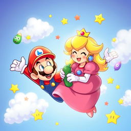 A whimsical and humorous scene featuring Mario and Princess Peach with relaxed and joyful expressions, appearing to soar through the sky