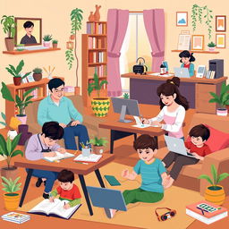 A vibrant vector illustration of a large family working from home, showcasing various family members engaged in different professions