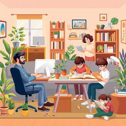 A vibrant vector illustration of a large family working from home, showcasing various family members engaged in different professions