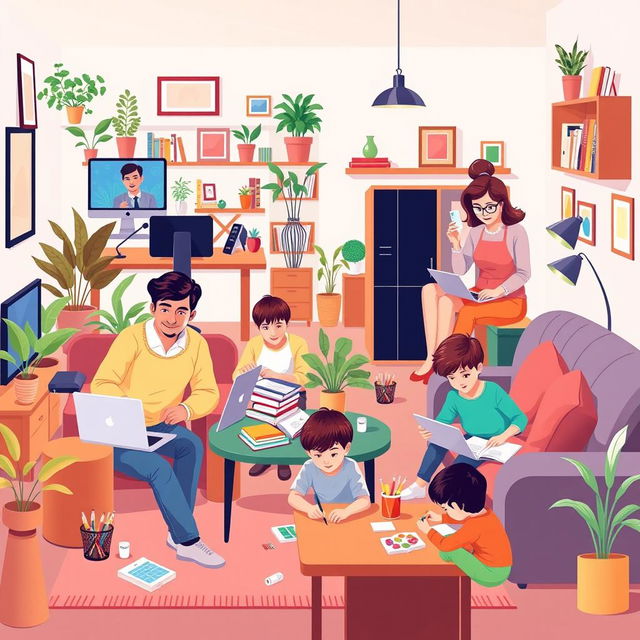 A vibrant vector illustration of a large family working from home, showcasing various family members engaged in different professions