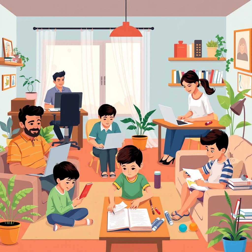 A vibrant vector illustration of a large family working from home, showcasing various family members engaged in different professions